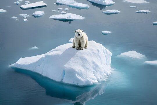 Aerial View Of A Polar Bear Standing On An Isolated Iceberg As A Glacier Melts Due To Climate Change And Global Warming. Environmental Issues And Climate Crisis Concept