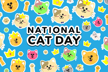 Obraz premium Cute National Cat Day Banner filled with Cartoon Cats and kittens with crowns. Winking Cat cartoon with smiley faces. Vector Illustration. EPS 10. 