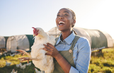 Farm, chicken and happy black woman in field, countryside and nature for agriculture, growth and...