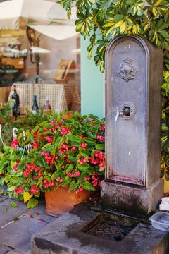  panoramic seascape with an old drinking fountain and flowers in the foreground (ancient canvas effect).