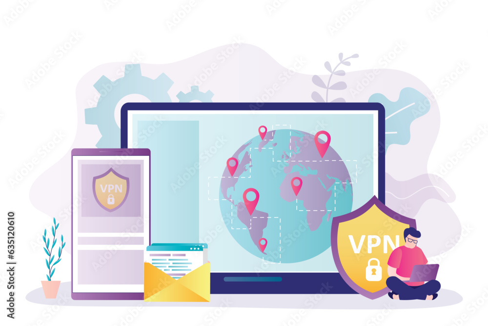 Aufkleber vpn service. young man using vpn to protect personal data on smart gadgets. virtual private network.
