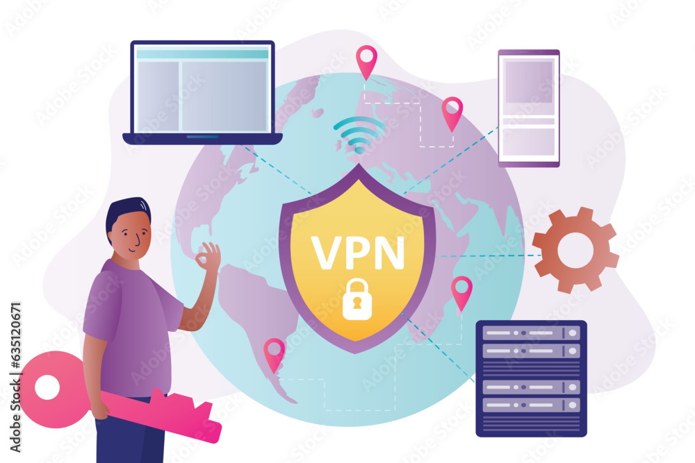 Aufkleber vpn service. user holds giant key. man using vpn to protect personal data. virtual private network. 