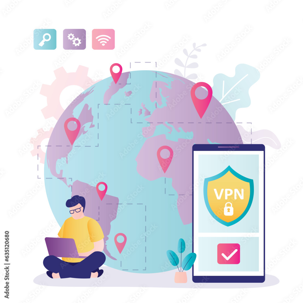 Aufkleber vpn service concept. young man using vpn to protect personal data in smartphone. virtual private net