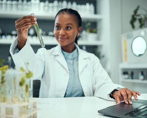 Science, black woman and happy for test tube plant progress, biotechnology results or botany...