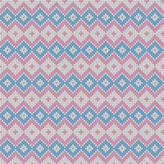 Seamless knit texture pattern. Winter vector illustration for Christmas, New Year, winter design. Xmas ugly sweater ornament. Fair isle pattern in light blue and pink.