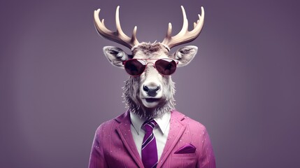 Reindeer portrait who looks like a man. An illustration of an animal in pink bussines suit with big horns that is a symbol of Christmas. Deer with sunglasses.