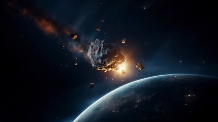 Obraz premium Oncoming asteroid threatens Earth - a gripping portrayal of impending celestial impact and humanity's vulnerability. 'generative AI' 