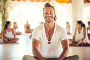 Portrait of happy and smiling yoga teacher in yoga retreat on Ibiza island. People sitting in lotus position in background
