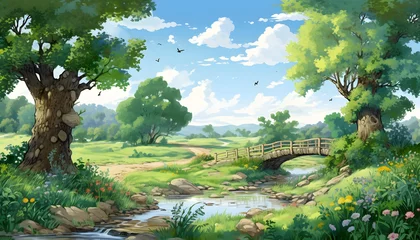 Gardinen Rural Summer Landscape with Trees and Bridge: Illustrated for a Children's Book © MAJGraphics