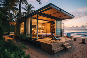 A seaside holiday cottage at sunset