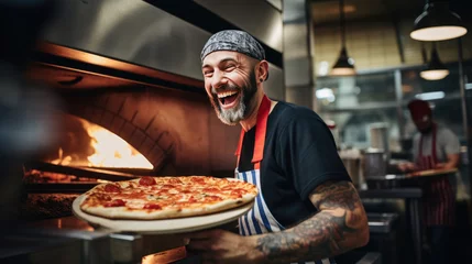 Crédence de cuisine en verre imprimé Pain Male chef makes pizza in a restaurant.