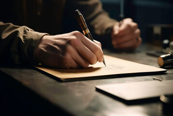 person signing a document while paper is on table, in the style of tonalist genius, uhd image,