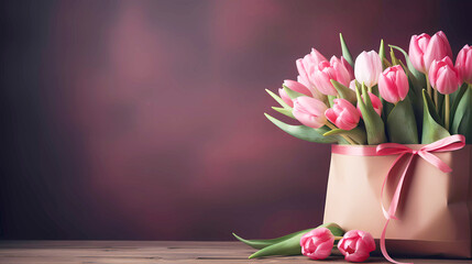 Pink tulips in a paper bag isolated with editorial space. Colorful tulip flowers with pink ribbon bouquet. 