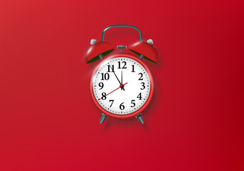 Red alarm clock on red background. Vector metal vintage ringing alarm clock on bright red background. Modern design 3d rendering. Vector