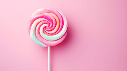 Lollipop on a stick isolated with editorial space on a pink background.  Colorful sweet treat lolly for kids with copy space.  