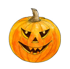 Watercolor illustration of the scary face of an orange pumpkin on Halloween on a white background. Jack's pumpkin head. For the design of postcards, invitations, books, flyers, cards.
