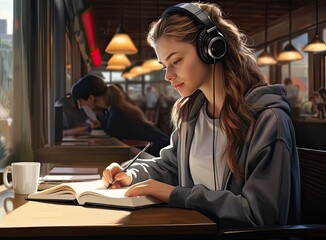 Fototapeta Focused woman wearing headphones using laptop in cafe, writing notes, attractive female student learning language, watching online webinar. Created with Generative AI technology. obraz