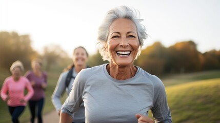 A senior woman and her friends are running for health in the morning sunrise at park.