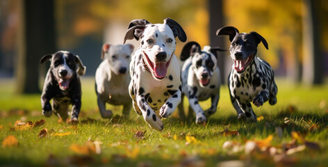 dogs playing in the field, group of puppies, group of dogs, Socializing Dogs in a Group - obrazy, fototapety, plakaty