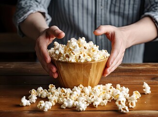Popcorn paper bucket in the hands of a young girl preparing to watch a movie. Showtime. Eating delicious unhealthy sweet snacks. Created with Generative AI technology.