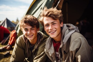 Fototapeta premium Boy Scouts Student Team Three people are on a camping trip.