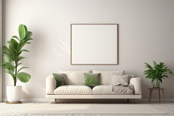 A trendy indoor living room with a comfortable sofa, cushions, monstera plants, and a blank photo frame.