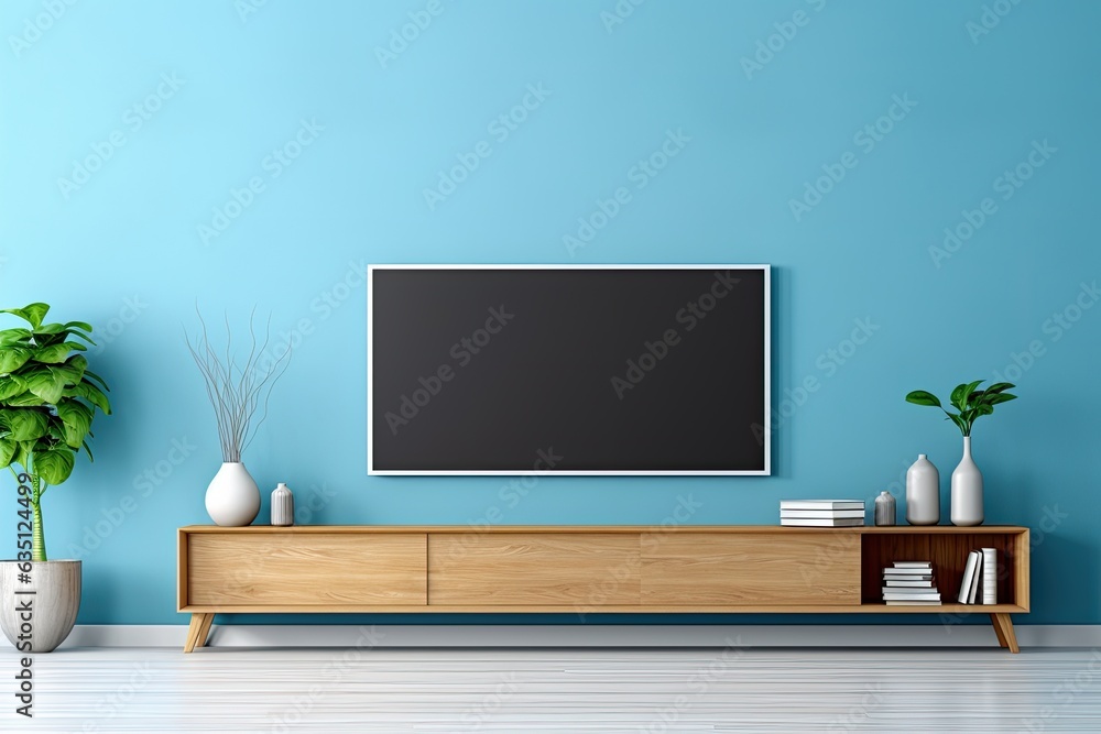 Poster a blue wall with a tv cabinet.