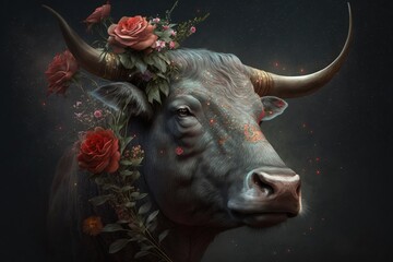 Taurus bull animal with flowers realistic floral background wallpaper beautiful illustration Generative AI
