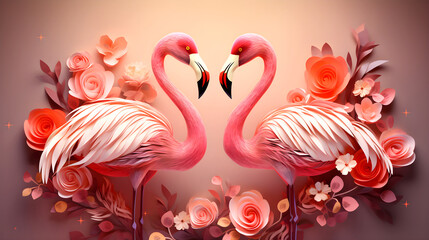 Two Cute lovely flamingos heart multidimensional Theme in the bouquet of Pink roses in Green Background, 3d illustrations