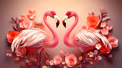 Naklejka premium Two Cute lovely flamingos heart multidimensional Theme in the bouquet of Pink roses in Green Background, 3d illustrations