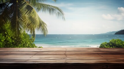 Empty wood table top and blur tropical background. banner mock up - can used for display or montage your products.