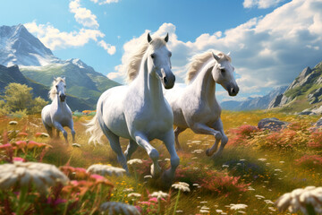 White horses playing running in a meadow blooming field Generative AI - obrazy, fototapety, plakaty