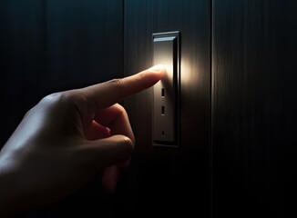 Close up of Female finger is turn off on lighting switch at home. Power, Energy, Saving Electrical, Copy space. Created with Generative AI technology.