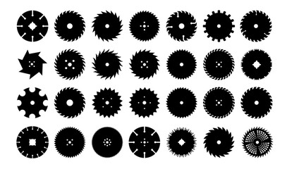Circular saw blade. Silhouette of metal disc for woodwork. Round carpentry tool icons. Industrial rotary wheels.Vector