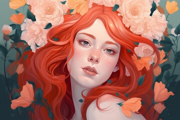 flower woman pastel face tender girl beauty portrait lip trend colourful. Generative AI.
