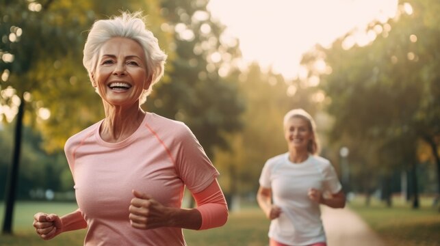 A senior woman and her friends are running for health in the morning sunrise at park.