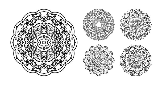 Decorative India mandal with floral soft patterns on a white isolated background. Illustration. For coloring