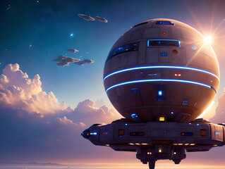 Spaceship in the dark sky with a planet in the background, Generative AI