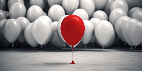  Diversity and inclusion, bullying and harassment metaphor. A bunch of white balloons, one red balloon in the foreground is the odd one out. A loner, ostracized and alone. 