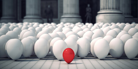  Diversity and inclusion, bullying and harassment  metaphor. A bunch of white balloons, one small red balloon is the odd one out. A loner, ostracized and alone. 