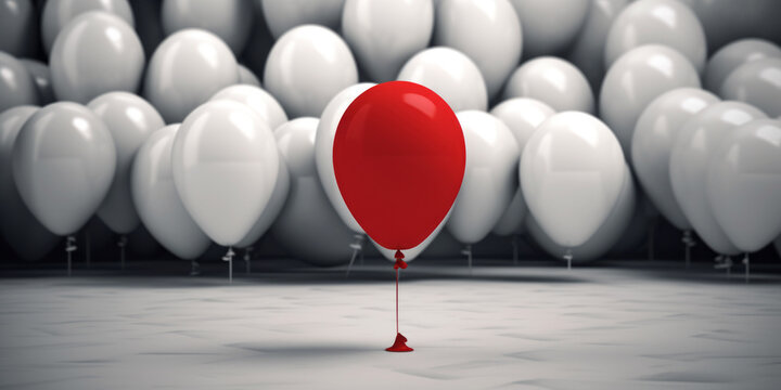  Diversity and inclusion, bullying and harassment metaphor. A bunch of white balloons, one red balloon in the foreground is the odd one out. A loner, ostracized and alone. 