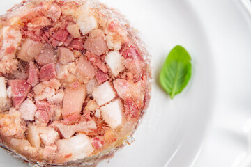 brawn food meat Sülze pieces of meat in jelly pork, beef meat product ready to eat healthy meal food snack on the table copy space food background rustic top view