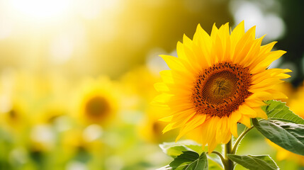 Un tournesol. En arrière-plan flou, un grand soleil avec un champ de tournesols . Il a y de l'espace pour du texte.