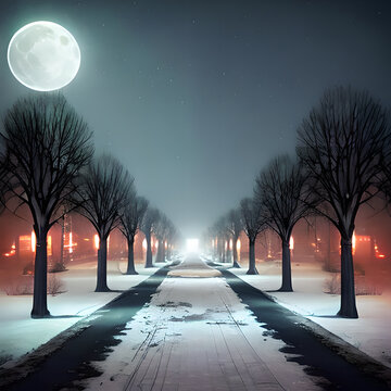 Snow storm landscape winter background at night, Fantasy epic magical winter forest landscape and moon beautiful mystical nature, Generative AI