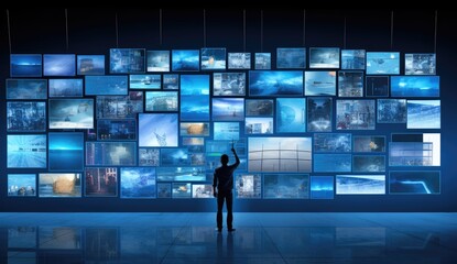 Group of people looking at hologram screen. System engineering. Data library. Created with Generative AI technology.