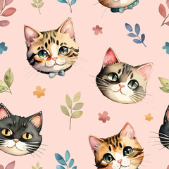 seamless watercolor pattern with an adorable cute kitten cats and flowers