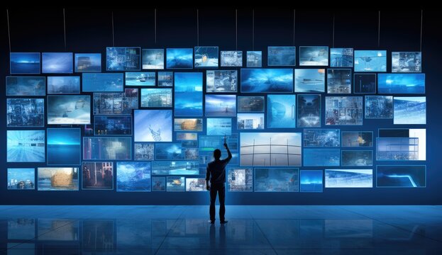 Group of people looking at hologram screen. System engineering. Data library. Created with Generative AI technology.