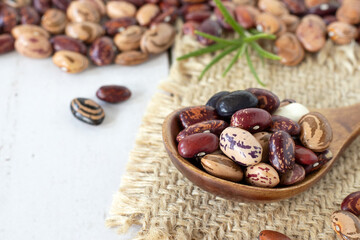 Variety of dry speckled kidney beans with red, black, white color in wooden spoon on white table with various legumes in the background. Close-up. Selective focus. Eating plant-based protein food.