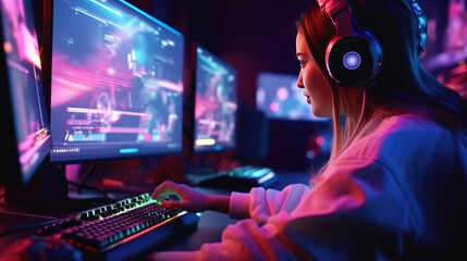 Fototapeta na wymiar Professional gamer girl plays video games on RGB pc