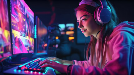Obraz premium Professional gamer girl plays video games on RGB pc